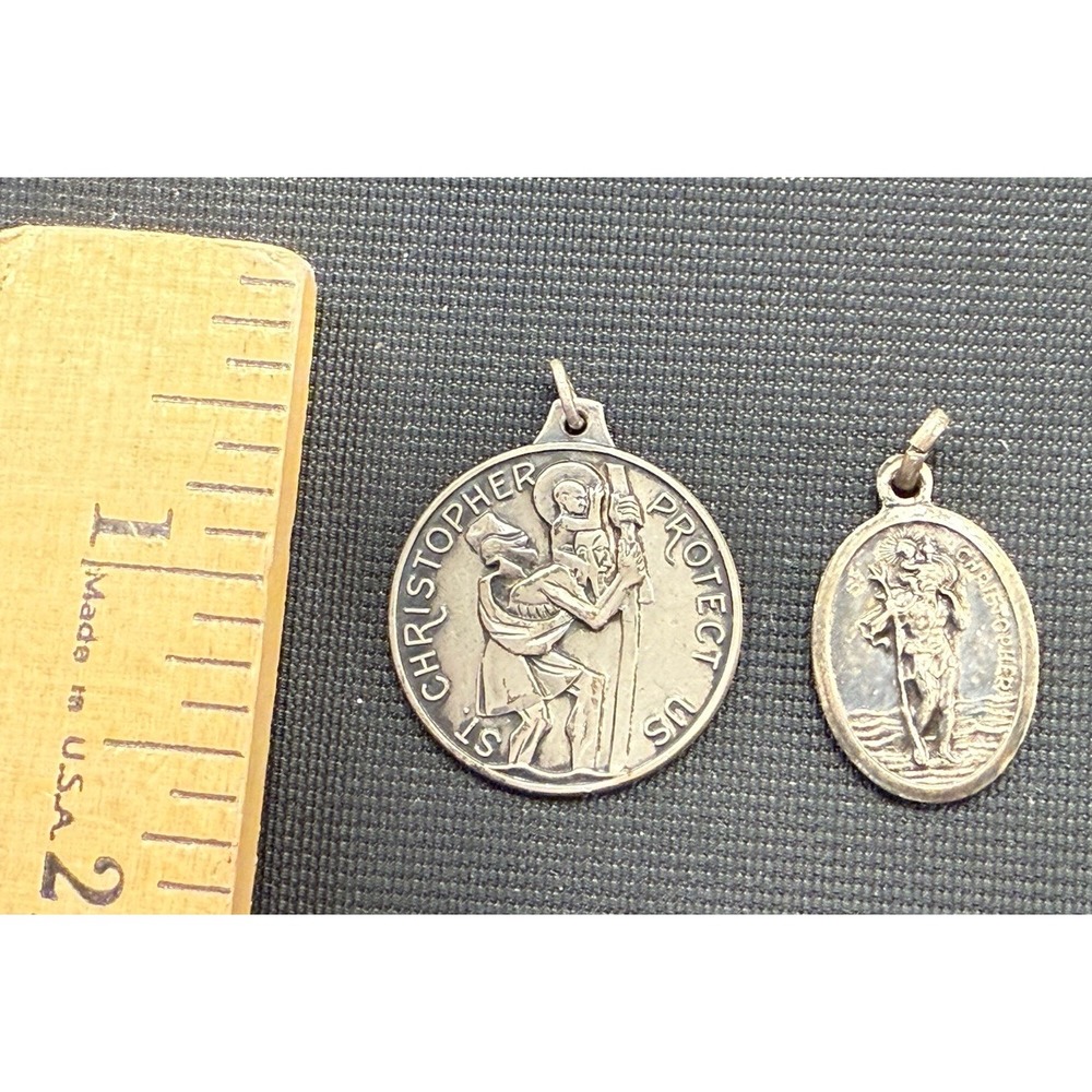 Lot Of 2 St Christopher Oval Pewter Medal Protect Us Italy & Round  Pendant VTG